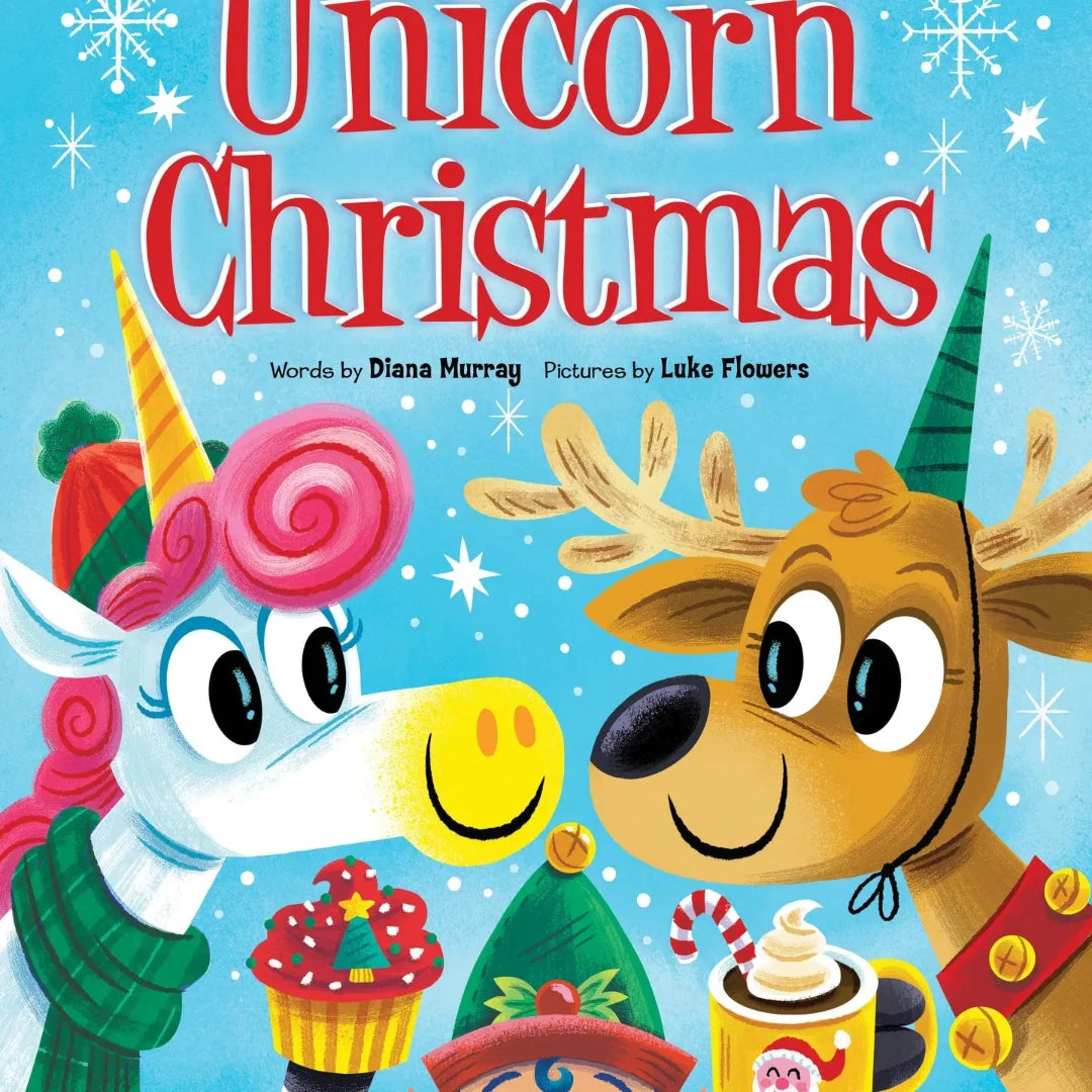 christmas themed book with a unicorn, elf, and a reindeer on the cover