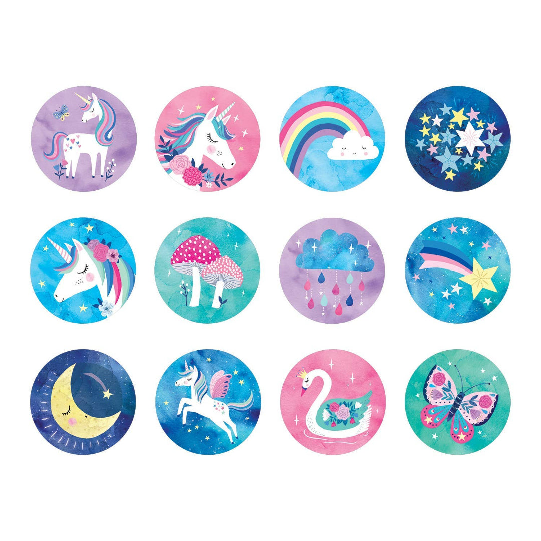 12 round cards with different pictures on each one, some contain unicorns, rainbows, butterflies, stars, moons, shooting stars, etc