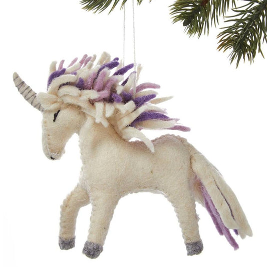 white and purple unicorn shaped ornament made out of felt