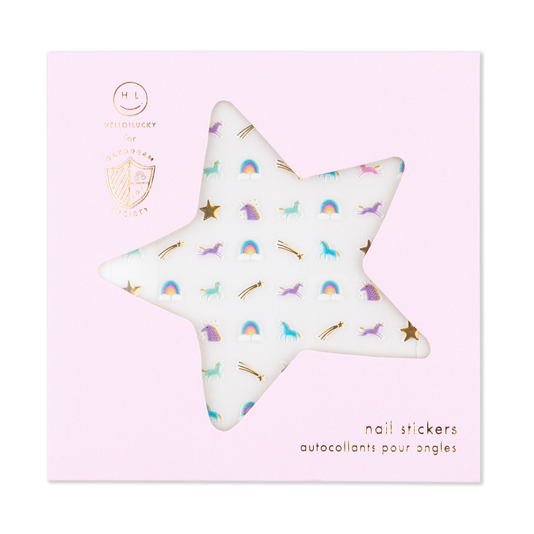 little nail stickers that include unicorns, stars and rainbows