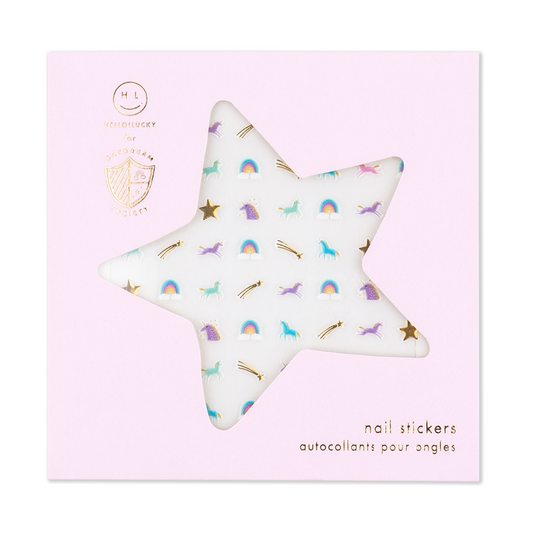 little nail stickers that include unicorns, stars and rainbows