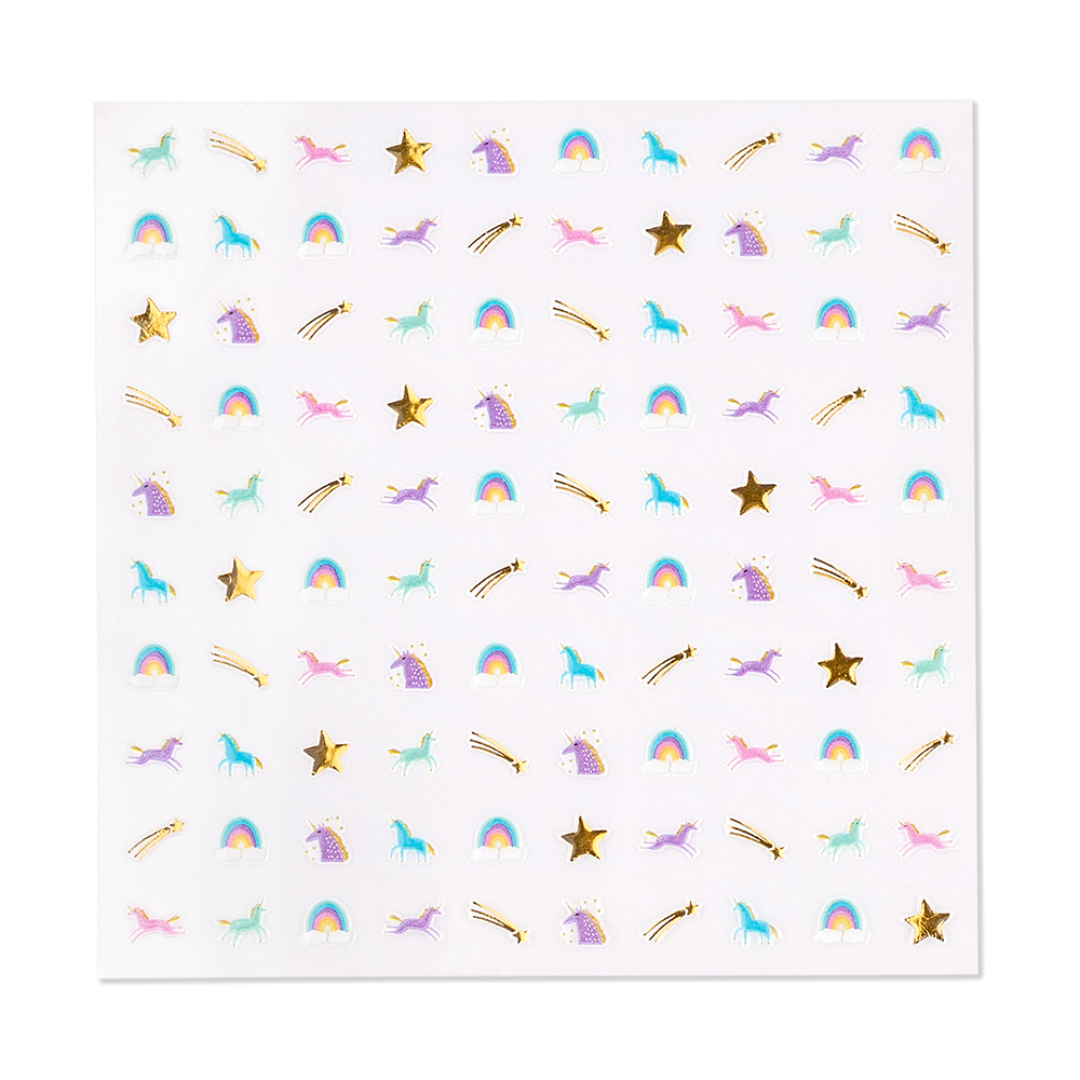 little nail stickers that include unicorns, stars and rainbows