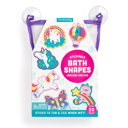 bath toys that are stickable bath shapes with unicorns on them in a mesh storage bag