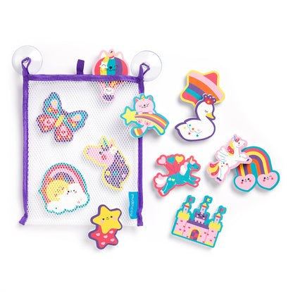 bath toys that are stickable bath shapes with unicorns on them in a mesh storage bag