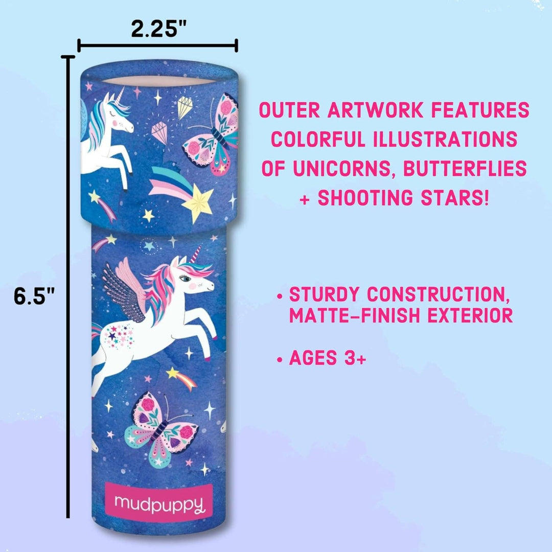 Unicorn-themed product with measurements and features on a light blue background