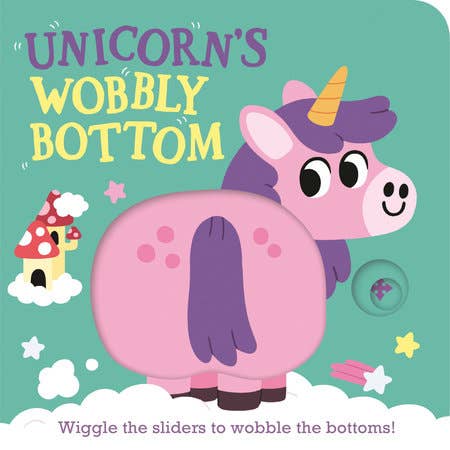 Children's book cover with a cartoon unicorn and text 'Unicorn's Wobbly Bottom' on a teal background.