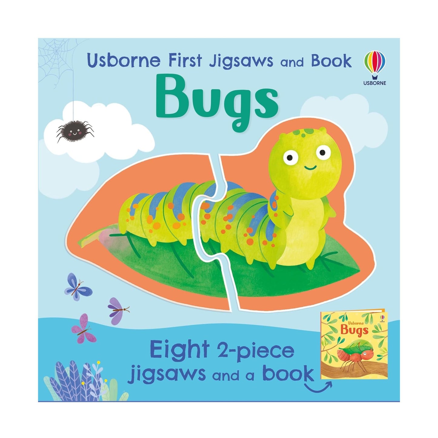 Book cover of 'Usborne First Jigsaws and Book: Bugs' with a caterpillar puzzle and title text.