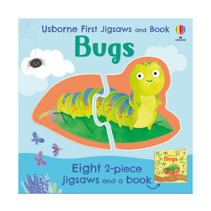 Book cover of 'Usborne First Jigsaws and Book: Bugs' with a caterpillar puzzle and title text.