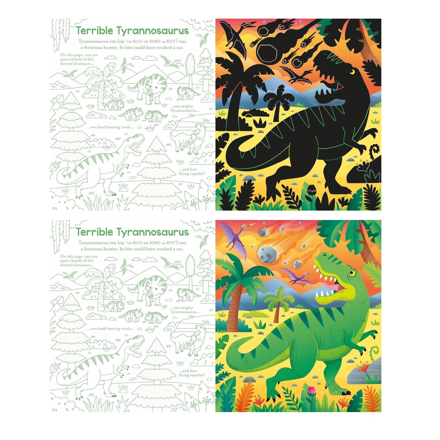 Coloring book with Tyrannosaurus Rex illustrations and coloring pages on a white background.