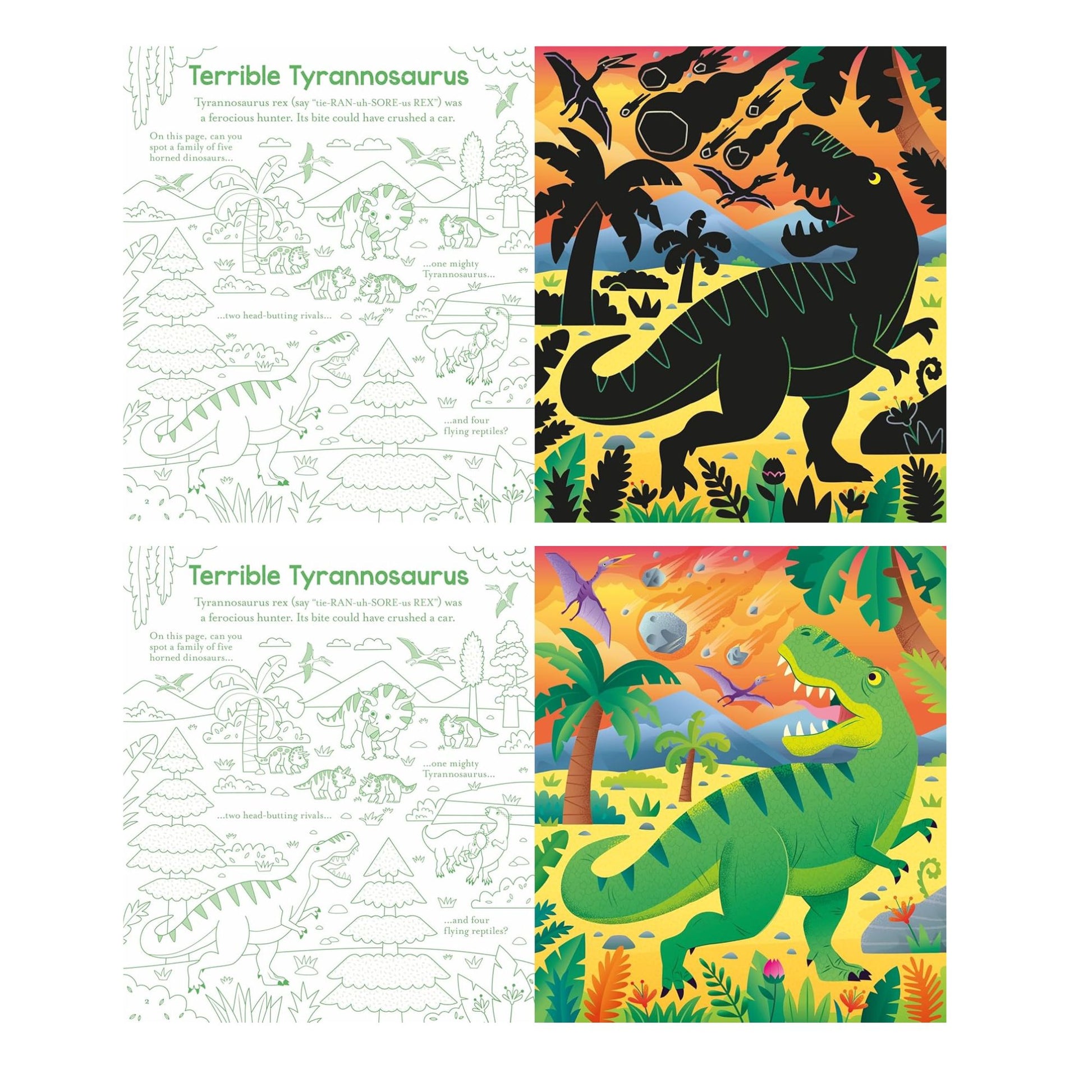 Coloring book with Tyrannosaurus Rex illustrations and coloring pages on a white background.