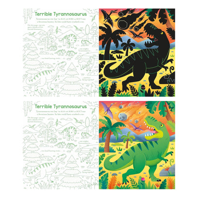 Coloring book with Tyrannosaurus Rex illustrations and coloring pages on a white background.