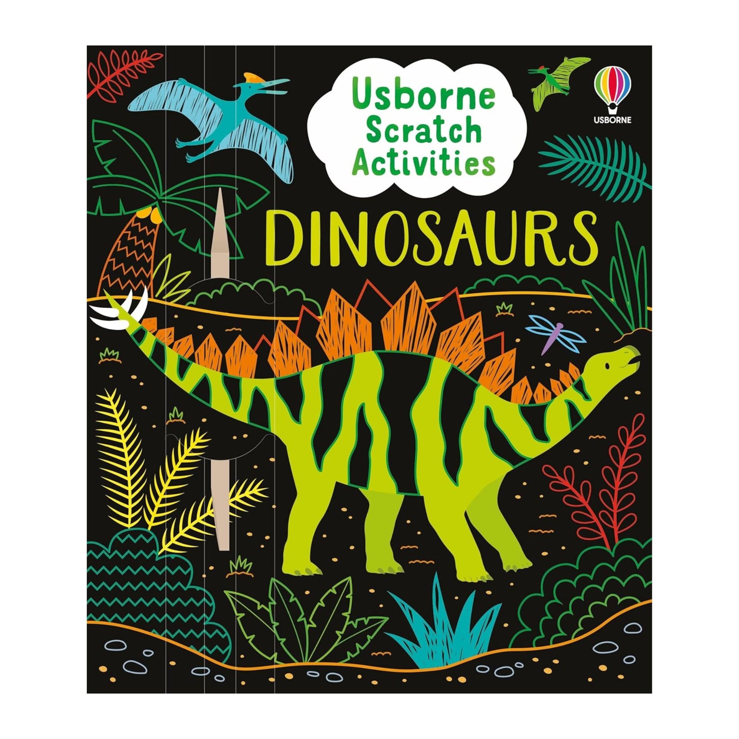 Book cover of 'Usborne Scratch Activities Dinosaurs' with colorful dinosaurs and plants on a black background.