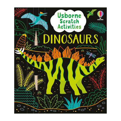 Book cover of 'Usborne Scratch Activities Dinosaurs' with colorful dinosaurs and plants on a black background.