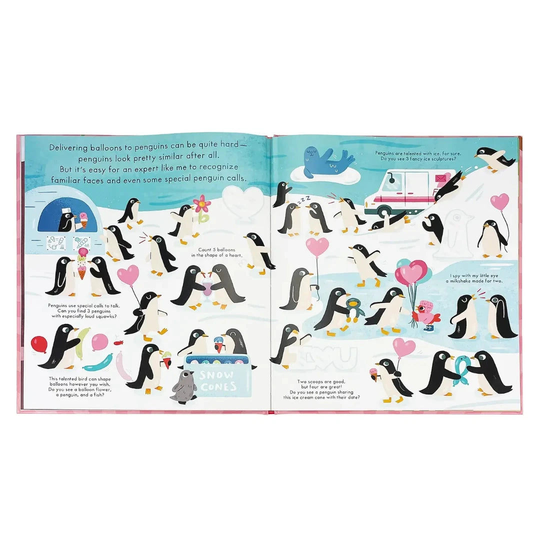 look and find book open to pages with lots of penguins in love