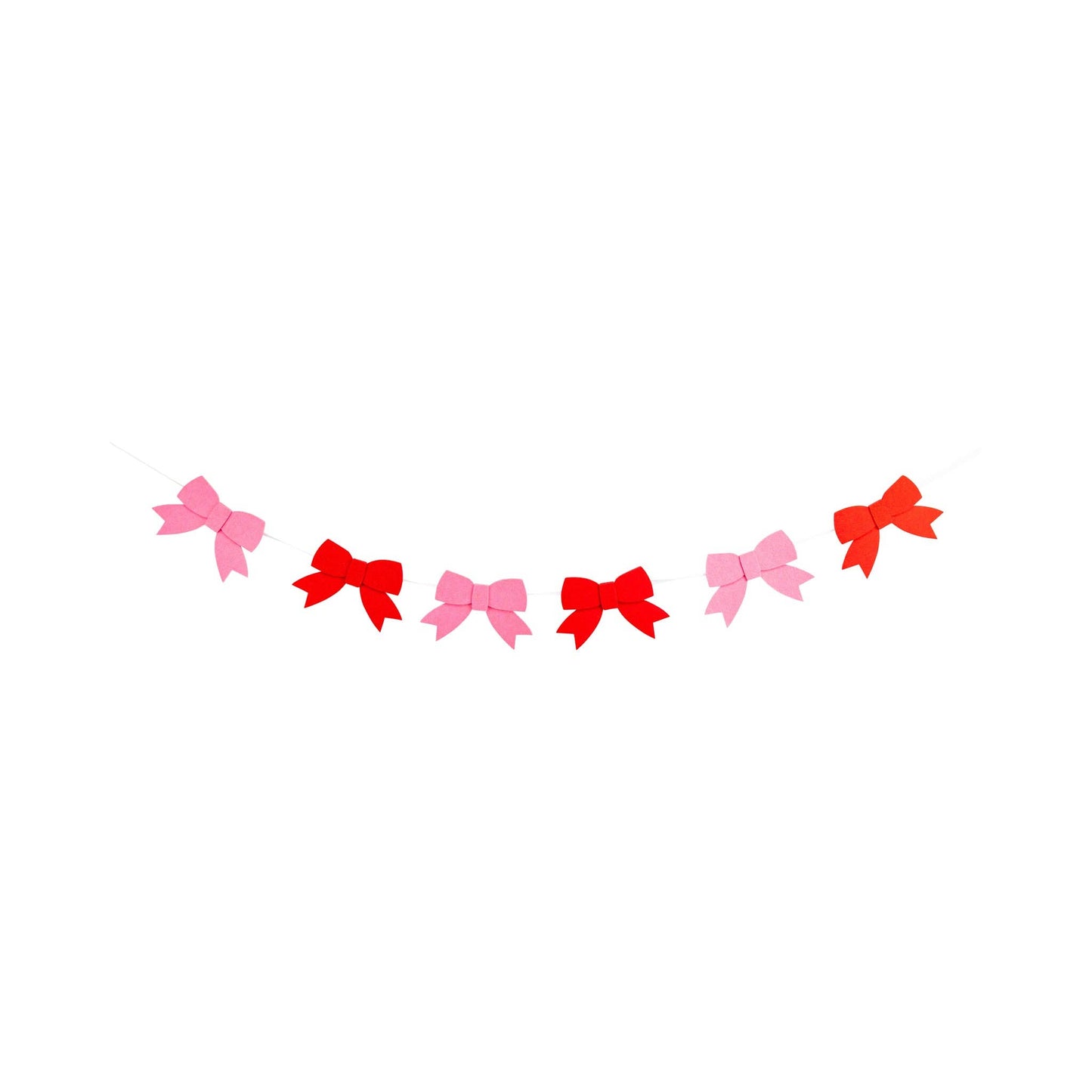 Decorative string of pink and red bows on a white background
