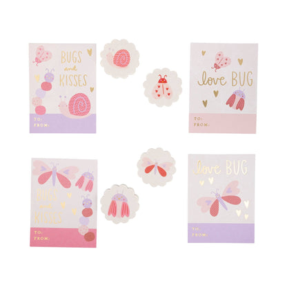Set of children's cards with insect designs and 'love bug' text on a white background