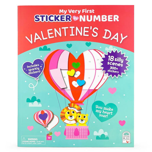 valetines day themed sticker by number book with a hot air balloon on the front