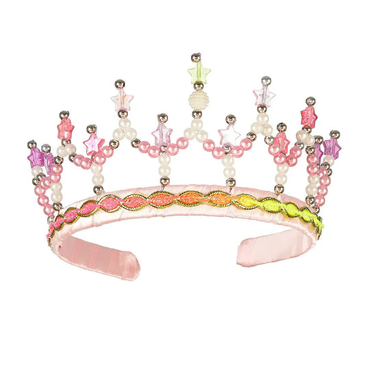 Pink, white and purple crown with beads on the top