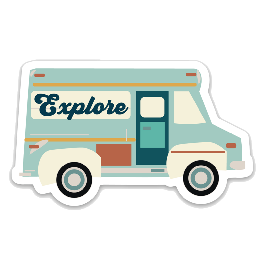 the "explore camper van" sticker. a blue and white van with orange tones. the word "explore" is printed on the window. 