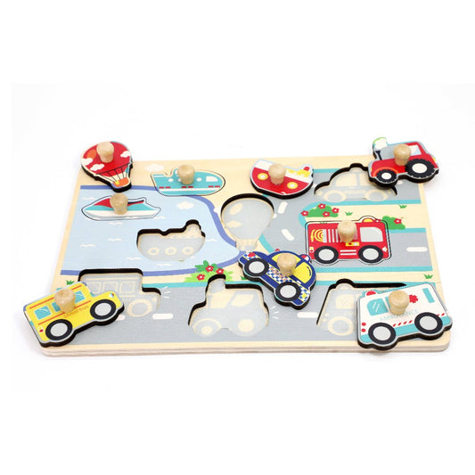 kids wooden peg puzzle with different kinds of vehicles