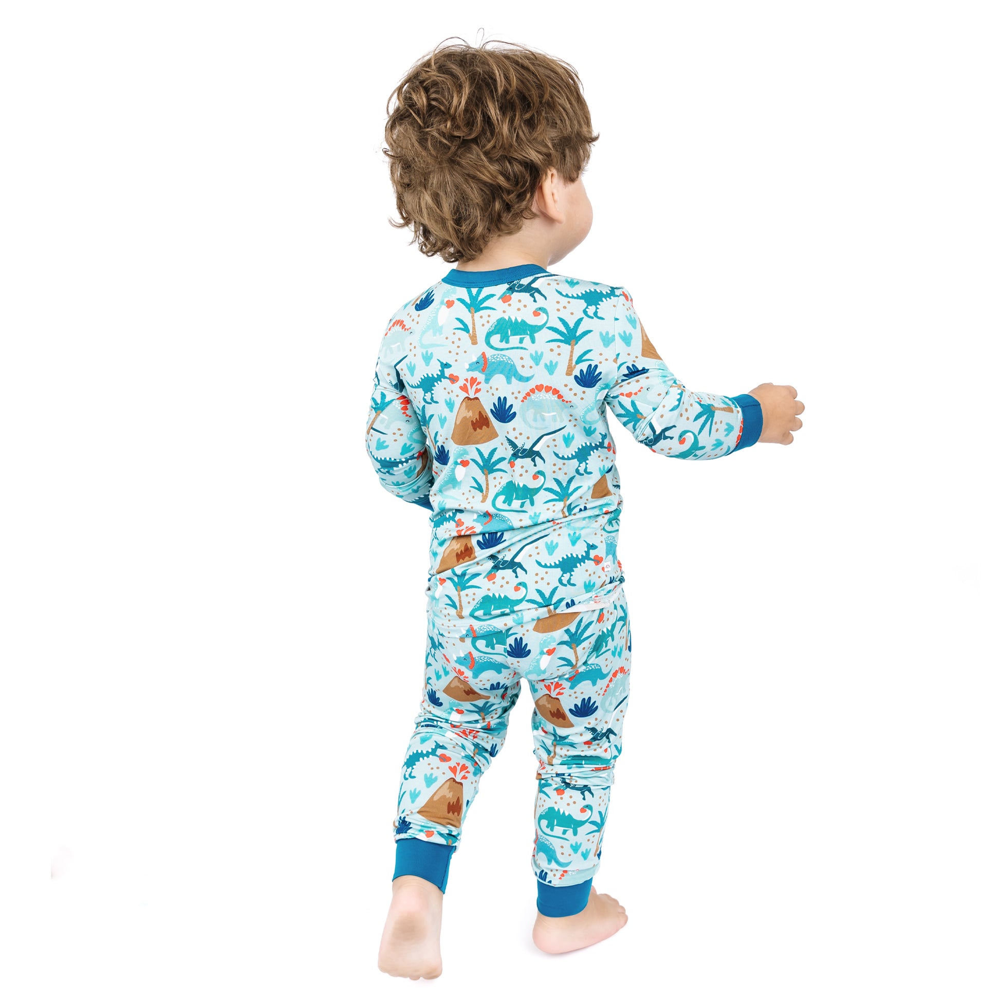 Back view of kids bamboo two-piece pajama set in volcano dinosaurs print.
