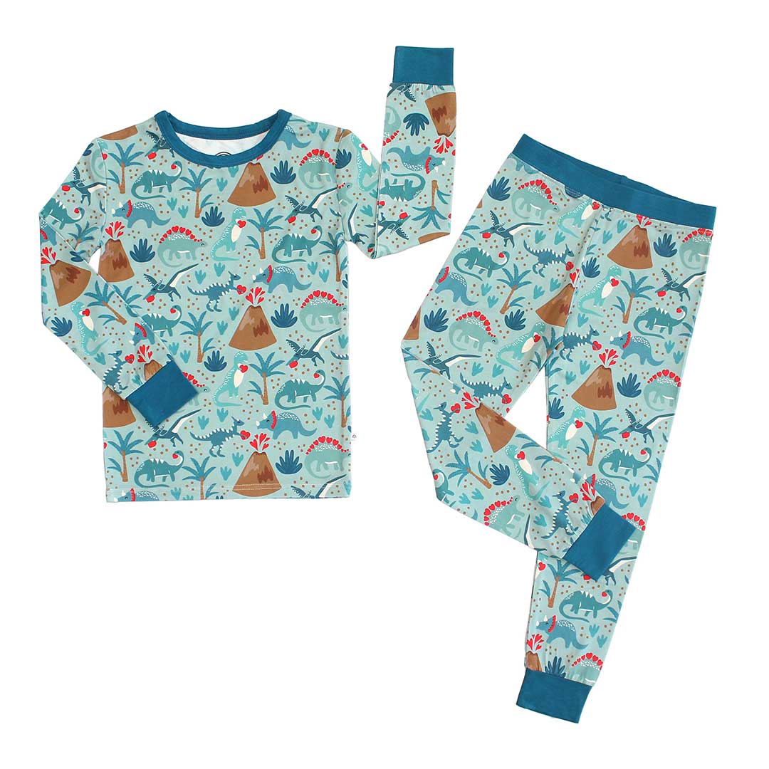 Volcano dinosaurs kids bamboo two-piece long sleeve pajama pants set.
