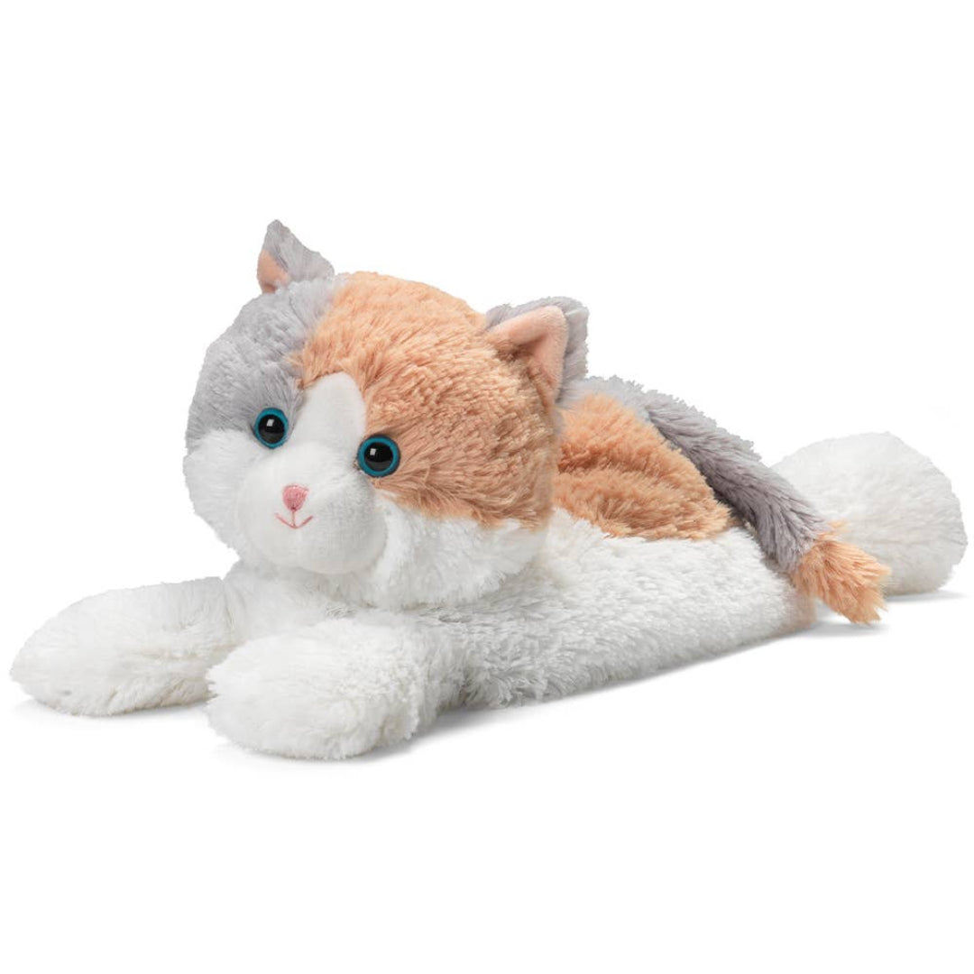 A stuffed Calico cat thats white, gray, and orange