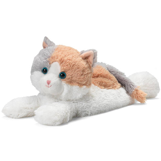 A stuffed Calico cat thats white, gray, and orange