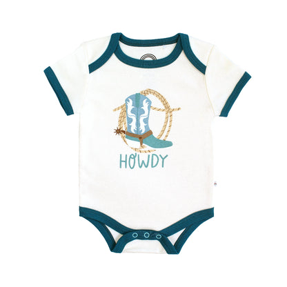 Our Howdy Baby cotton onesie featuring the word "Howdy" in playful, blue letters, perfect for a western outfit.