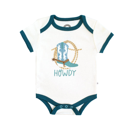 Our Howdy Baby cotton onesie featuring the word "Howdy" in playful, blue letters, perfect for a western outfit.