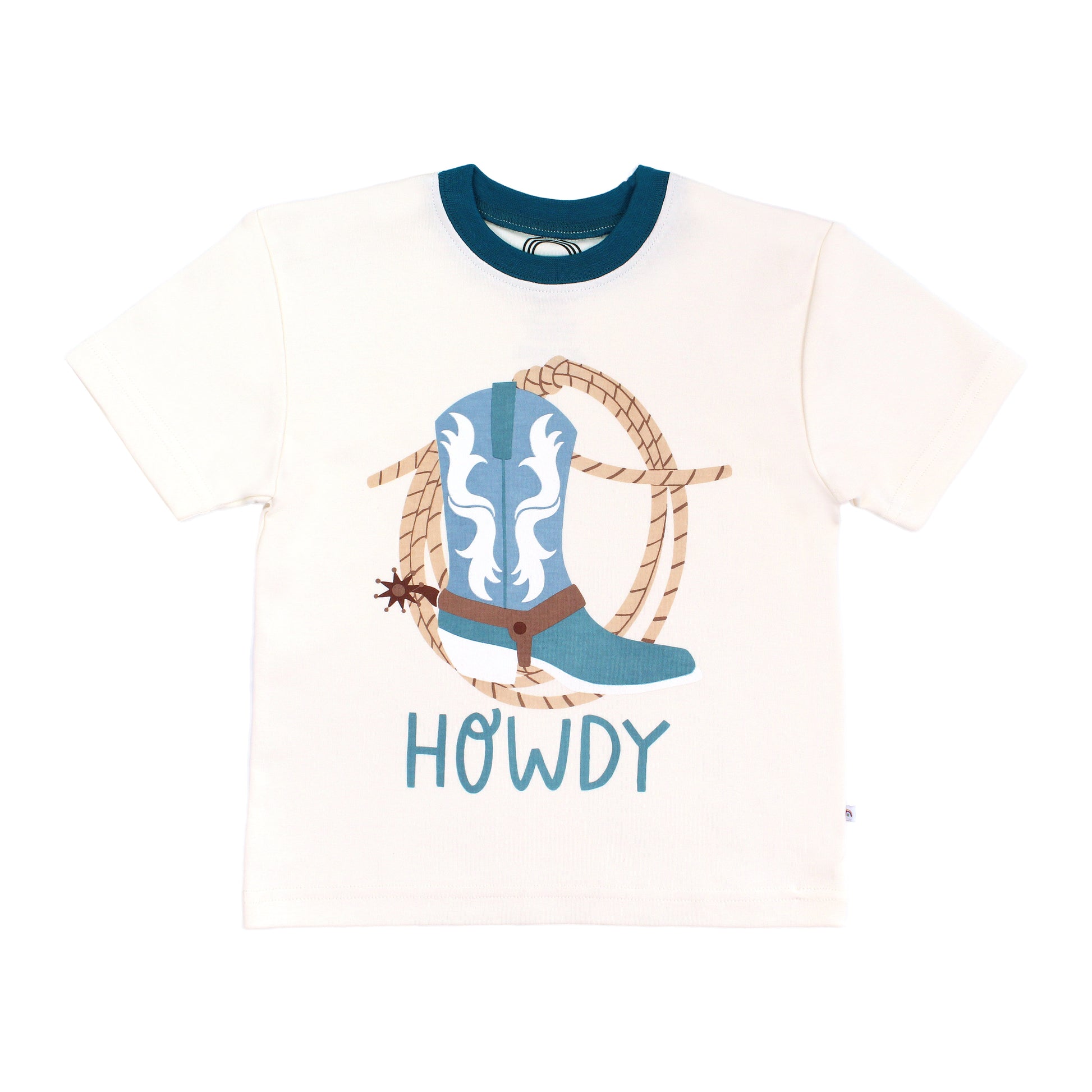 Our Emerson and Friend Howdy toddler's tee collection featuring the word "Howdy" in playful, blue letters, perfect for a western outfit.
