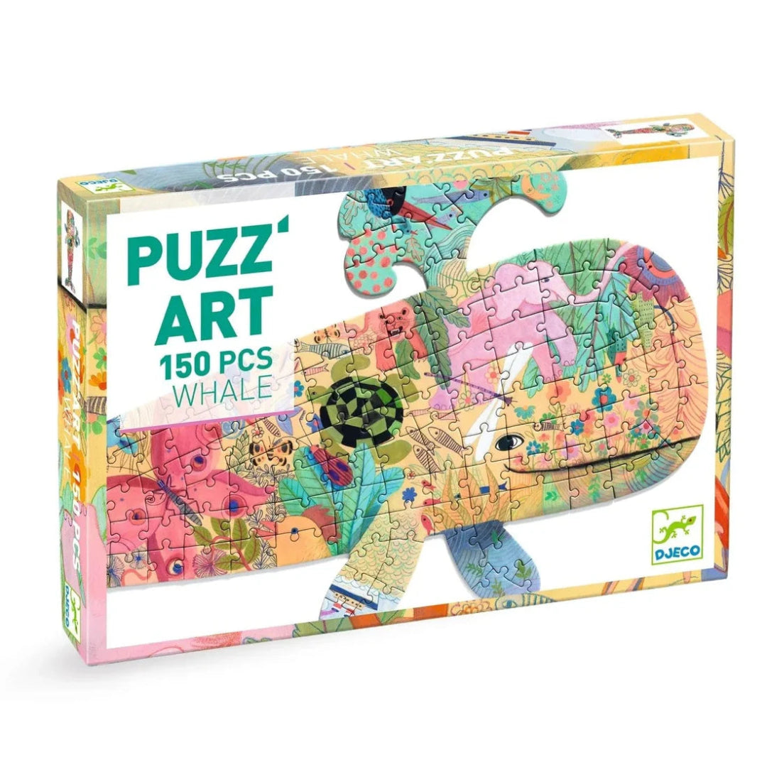 Puzzle packaging with a colorful whale design and 'PUZZ' ART' branding.