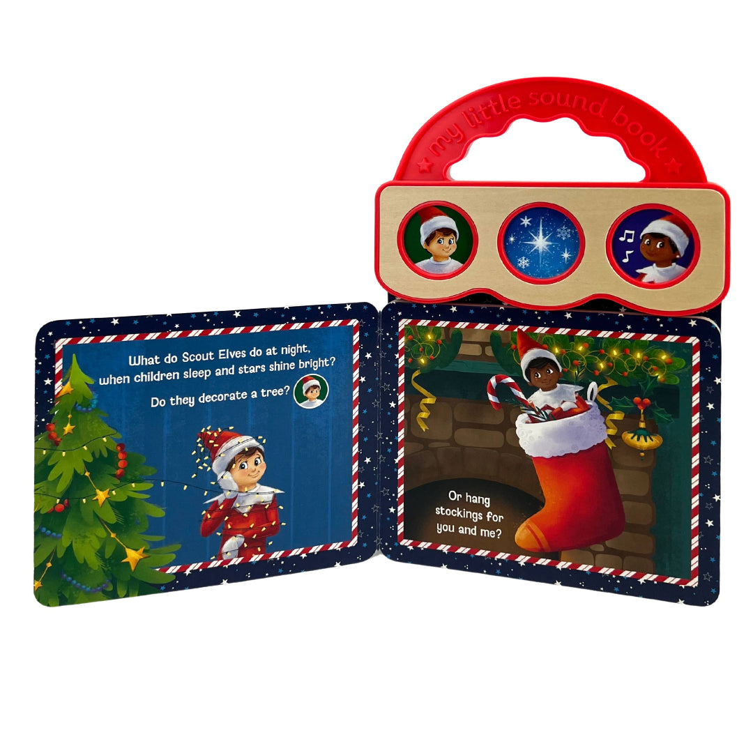 a christmas book opened to a page with a elf wrapped in christmas lights next to a christmas tree and the other page has an elf hiding inside a stocking