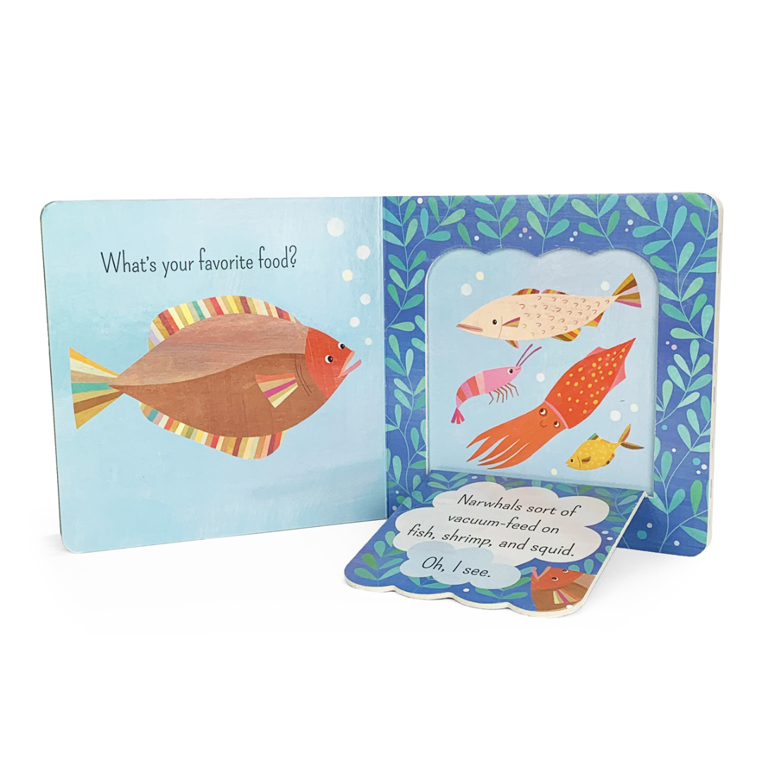 Blue board book pages with multi-colored sea life