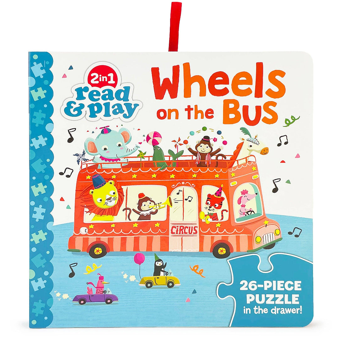 front of a board book with a bus with circus animals in the bus