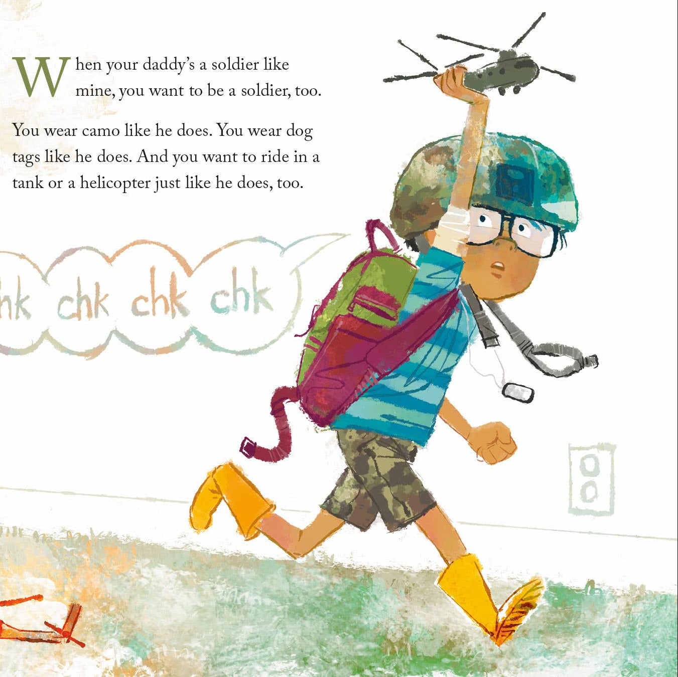 Illustration of a child running with a dog and toys in a room.