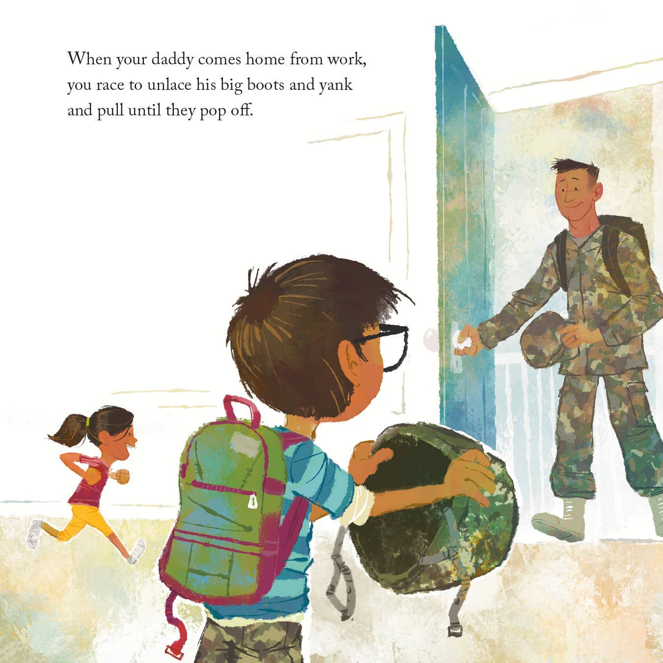 Illustrated book page showing a military family returning home.