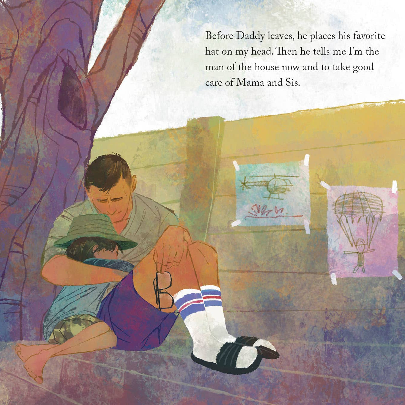 Illustrated book page with two children sitting at a table and one child playing with a dog.