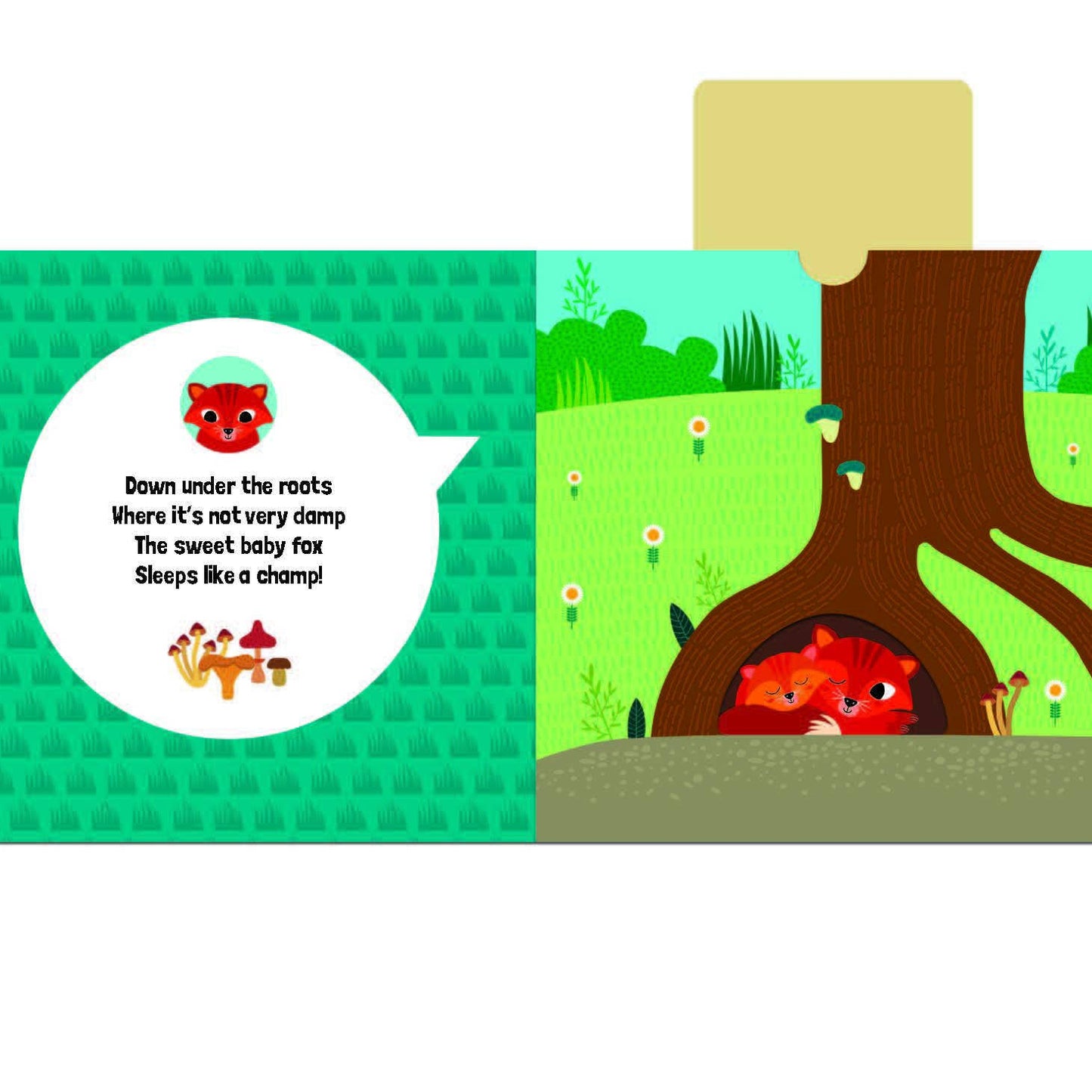 Children's book page with a red fox character and a tree, on a white background