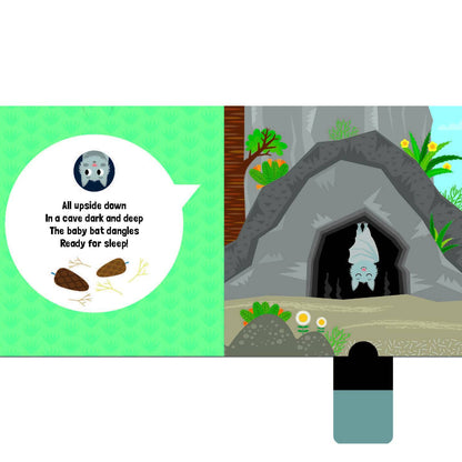 Children's book page with a cave illustration and text on a green background