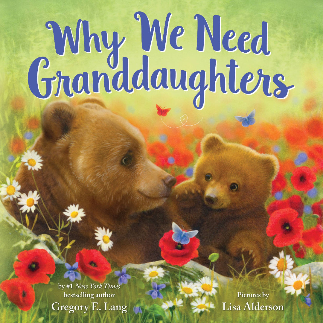 a baby bear with a grandparent sitting in the grass with flowers and butterflies