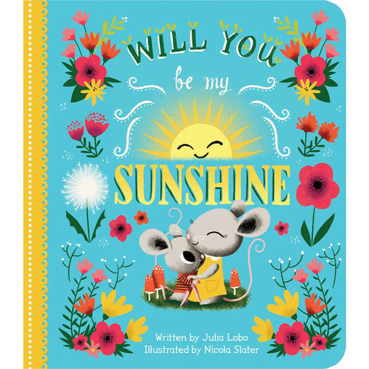 a blue book with flowrers, a smiling sun, and a mom and baby mouse on the cover