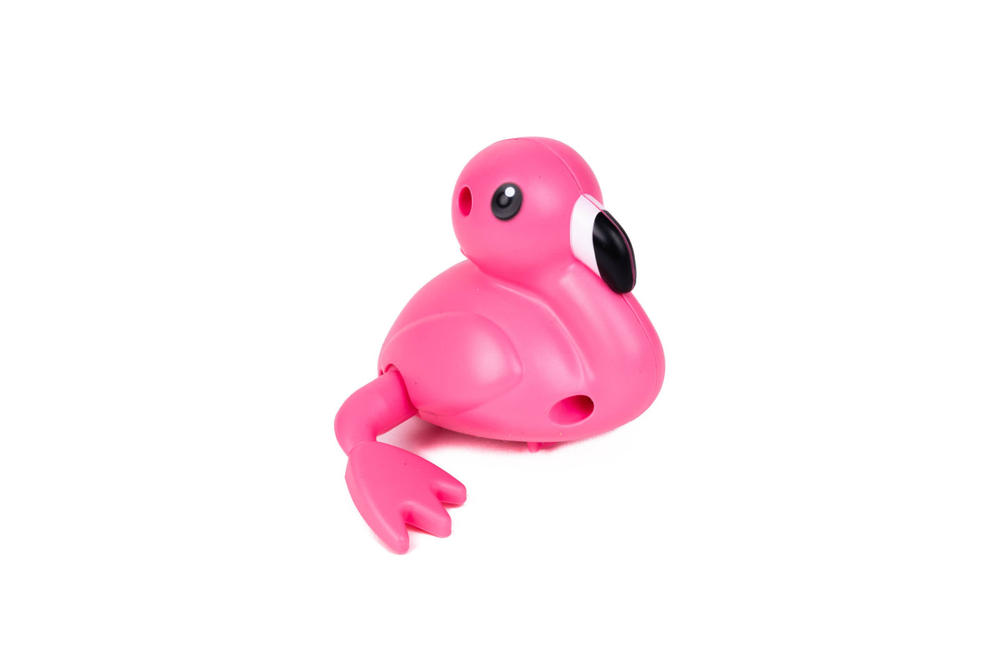 • Toysmith wind up flamingo toy swimming in pool water
• Pink wind up flamingo bath toy crawling on flat surface