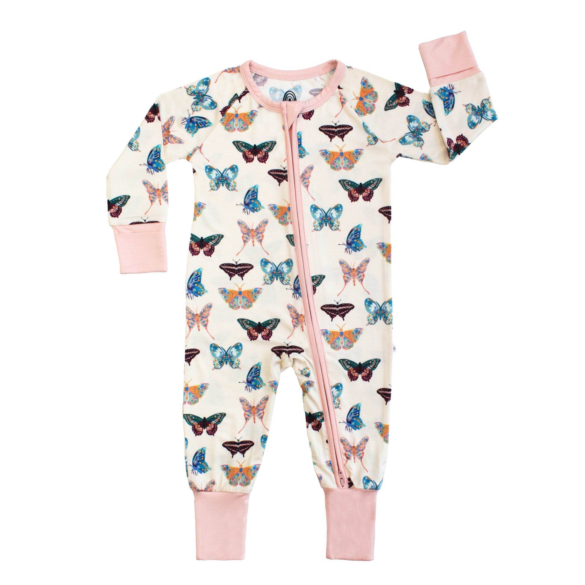 Baby onesie with butterfly pattern and pink accents on a white background