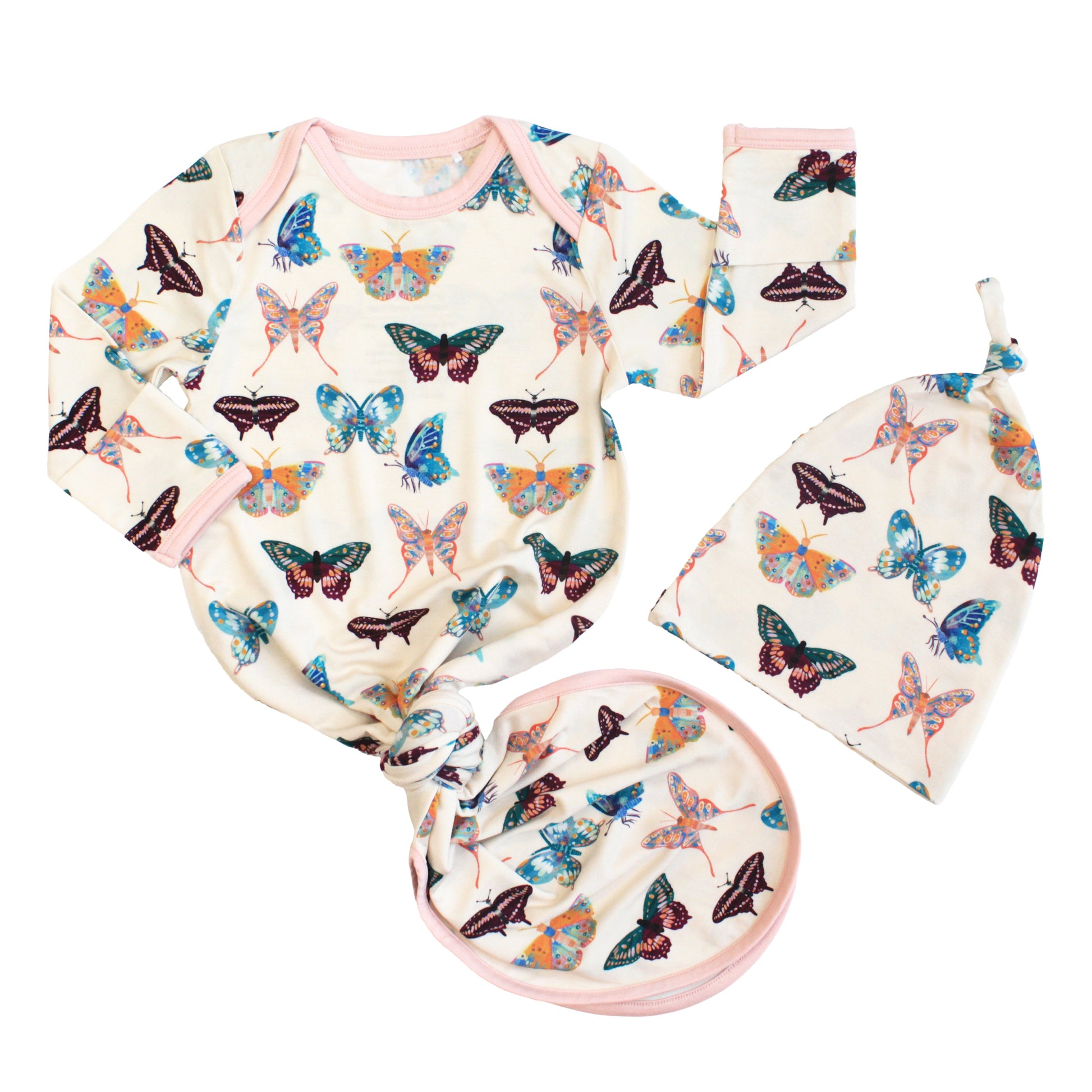 Newborn baby gift set featuring a bamboo gown and matching knotted hat in a colorful butterfly print.