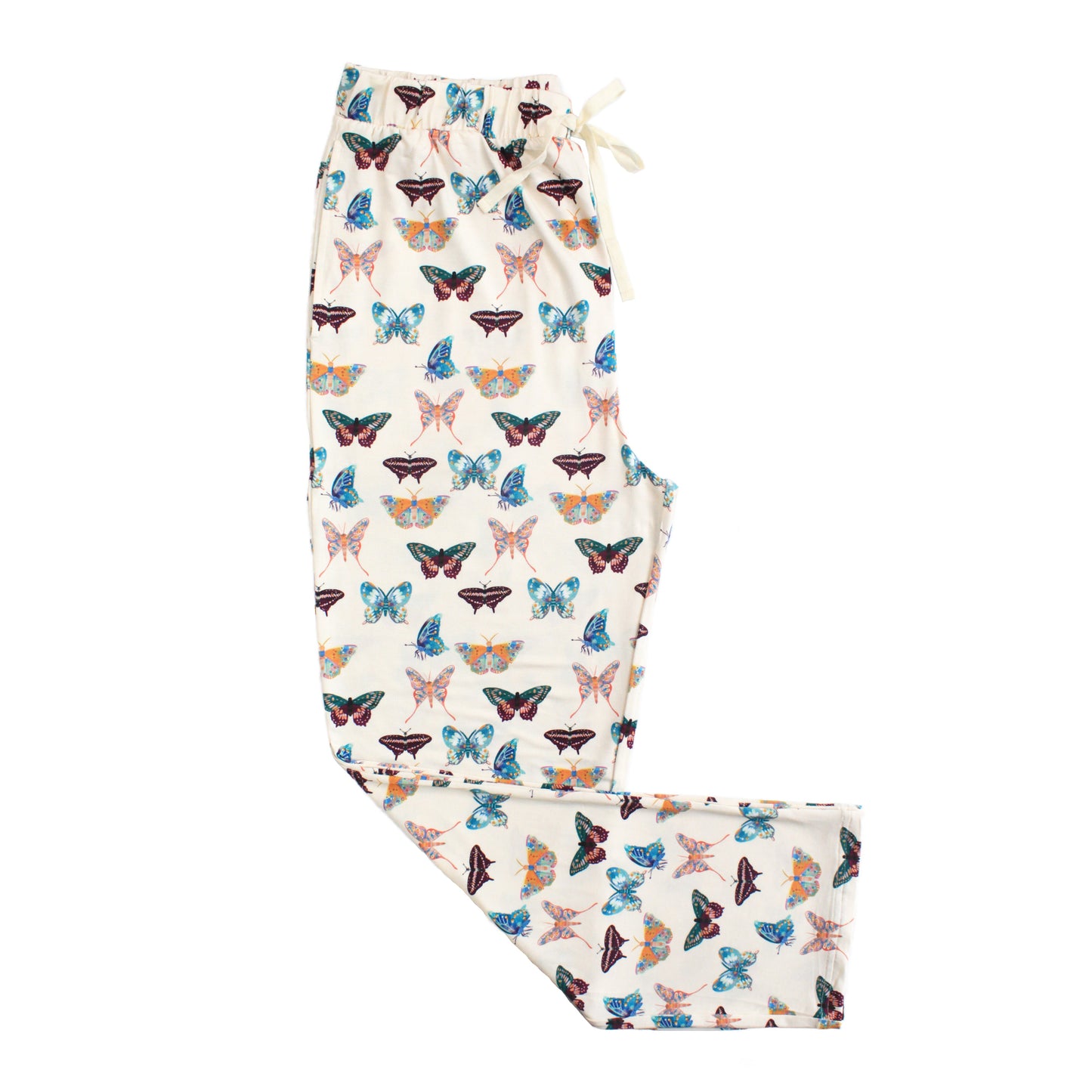 Butterfly-patterned pants on a white background