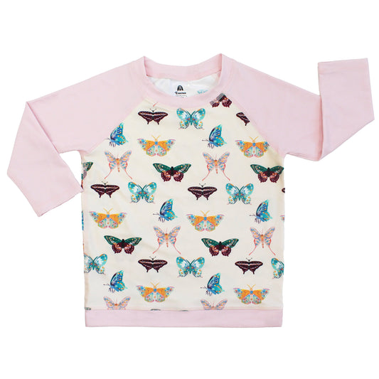 Rash guard with butterfly pattern and pink sleeves on a white backgroundguard 