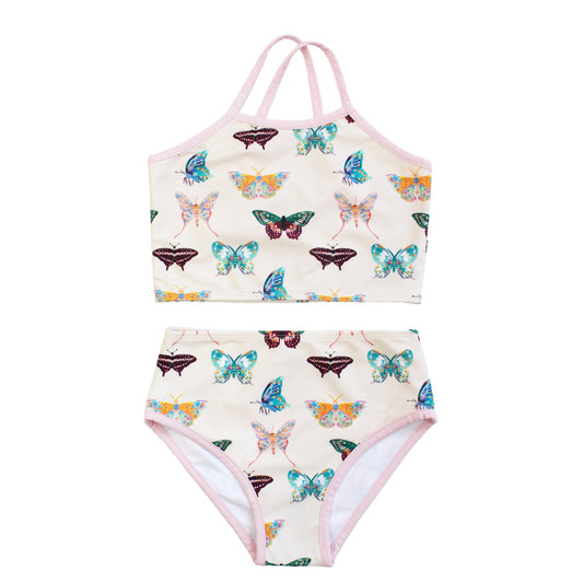 Two-piece swimsuit with butterfly pattern on a white background