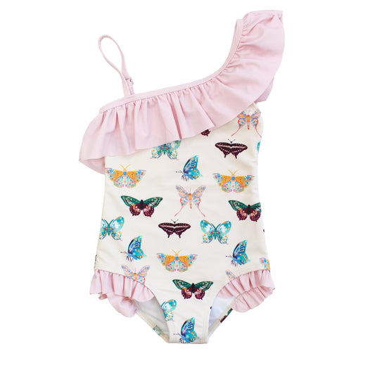 One-piece swimsuit with butterfly pattern and pink ruffles on a white background