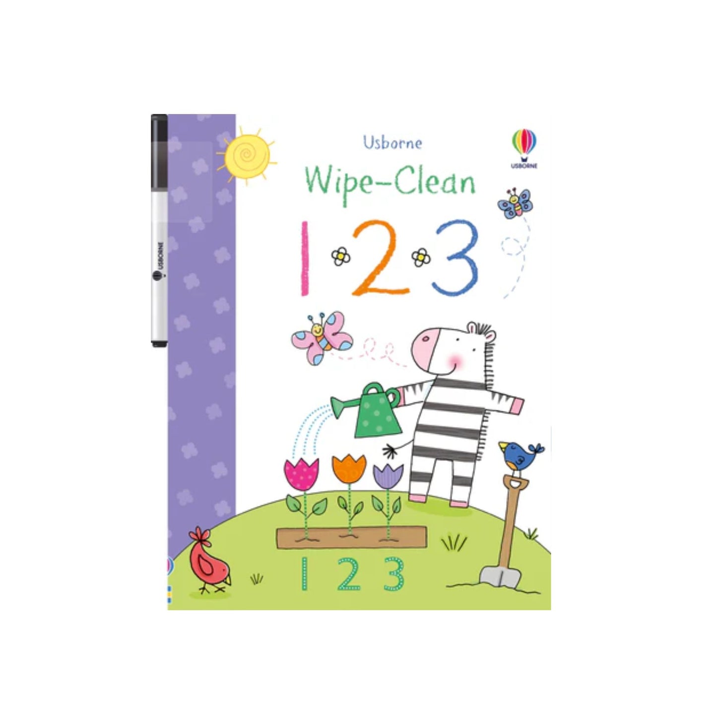 Wipe-clean book cover with cartoon zebra, flowers, and numbers, featuring Usborne logo.